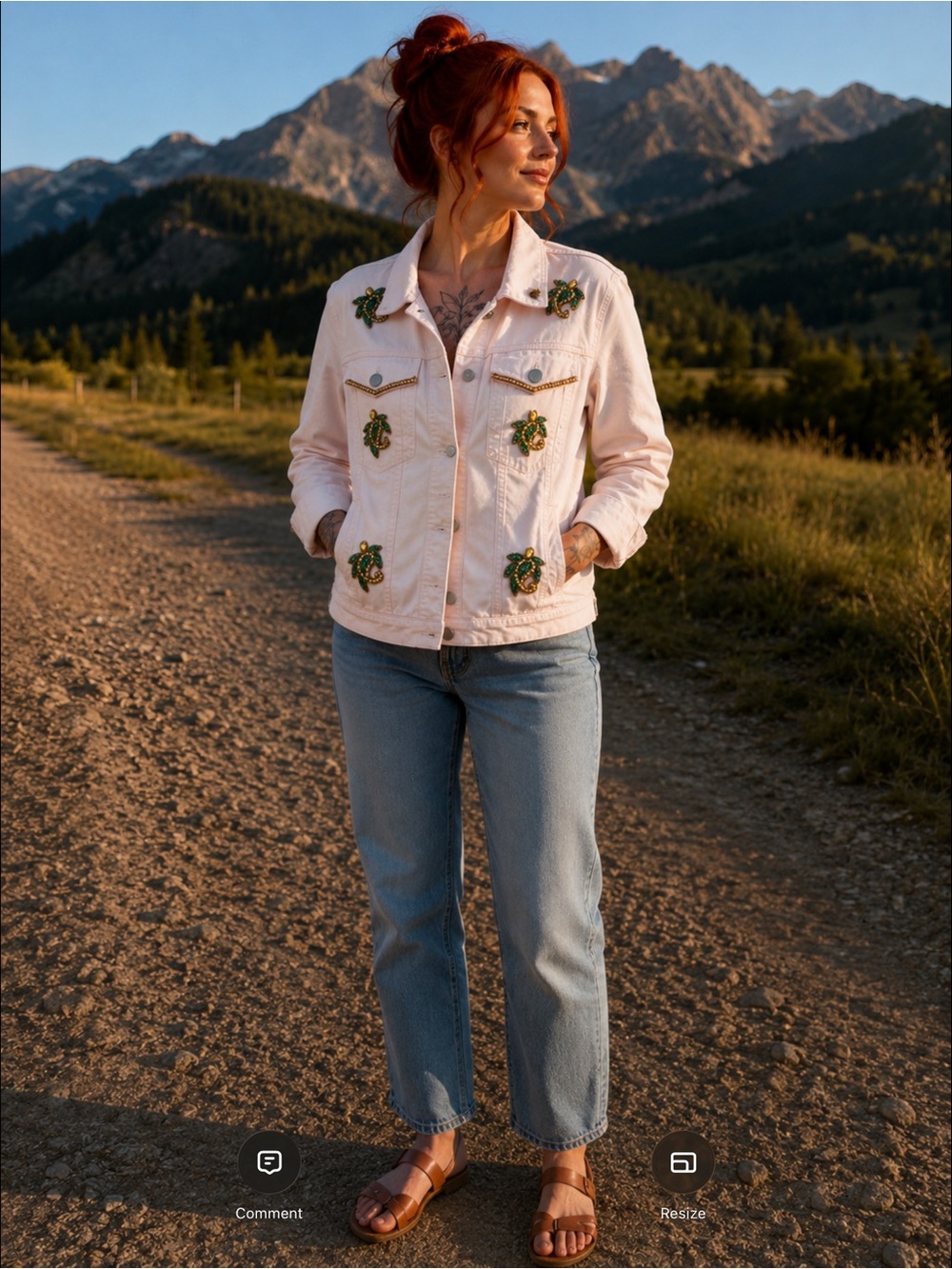 Forever 21 Pale Pink Denim Jacket with Green & Gold Bead Embellishments